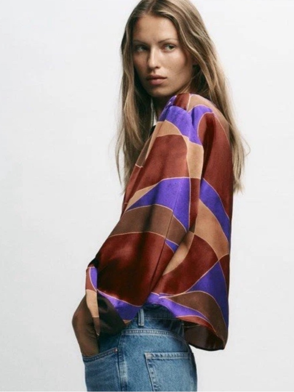 ZARA Printed Satin Shirt Abstract Multicolor Boat Neck Blouse M NWT